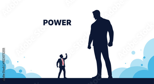 Concept of business power and influence, showing a small businessman facing the giant shadow silhouette of a much larger, powerful man.