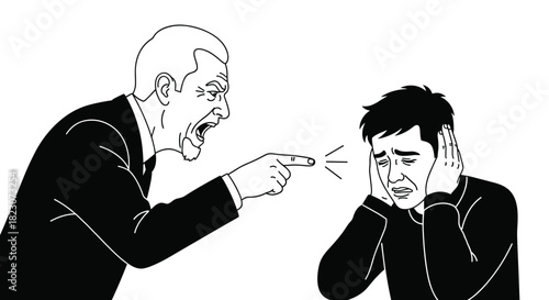 Angry boss or father figure aggressively shouting and pointing at a scared young man who is covering his ears in distress.