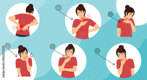 Set of illustrations showing a woman experiencing pain in different parts of her body, including her back, neck, shoulder, and jaw.