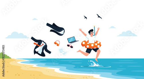 Happy man joyfully running into the sea for a vacation, throwing away his business suit, laptop, and work documents to relax.