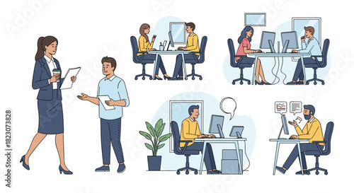 Collection of business people characters working in a modern office, including scenes of meetings, computer work, and discussions.