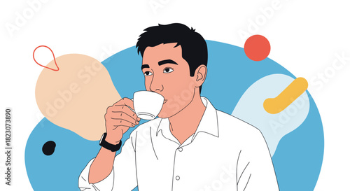 Young man enjoying a quiet moment, drinking from a small white cup against a colorful abstract background with organic shapes.