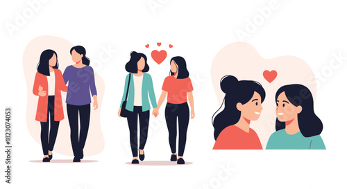 Set of three illustrations showing a loving lesbian couple in different romantic situations, including walking, holding hands, and close-ups.