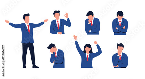 Set of business characters showing a range of emotions and gestures, including success, failure, thinking, and celebration.