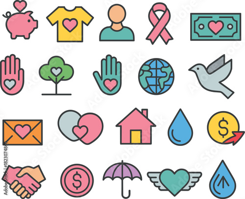 Colorful charity and donation icon set vector illustration, collection of fundraising volunteering and non profit symbols isolated on white background graphic design elements
