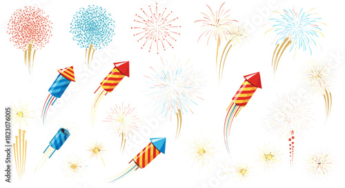 A vibrant collection of colorful fireworks, rockets, and explosive bursts for festive celebrations and holiday events