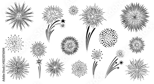 Illustrations of Firework Bursts in a Black and White Line Drawing Style