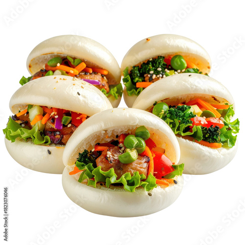 Steamed vegetable bao buns with a colorful mix of mushrooms and cabbage, a vegan appetizer isolated on a white background