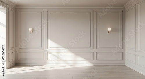 Empty square room with Contemporary beige white bright empty interior with wall panel and moldings