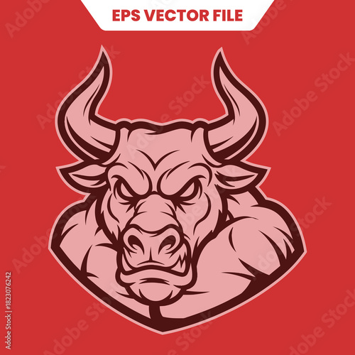 Aggressive Bull Mascot Head with Muscular Neck and Sharp Horns.