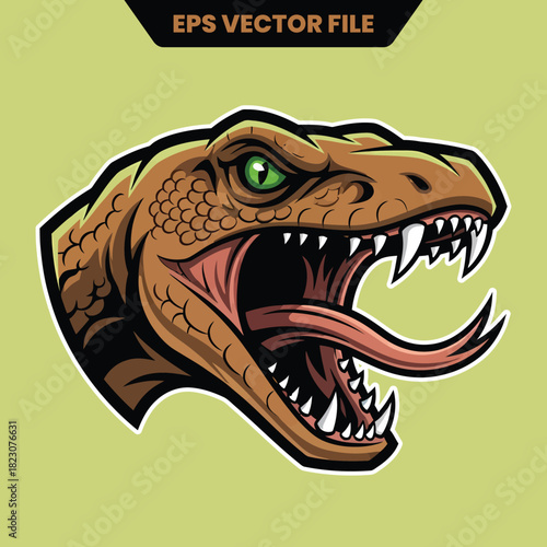 Ferocious dinosaur head illustration with sharp teeth and open mouth.