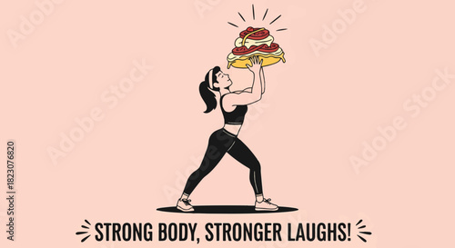 Cartoon of a muscular woman lifting a large plate of spaghetti overhead, against a peach background. Text: Strong Body, Stronger Laughs!. Humorous healthy lifestyle.