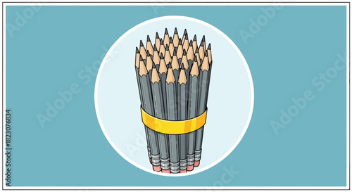 Illustration of a bundle of gray pencils secured with a yellow band. The pencils are centered within a white circle against a light blue background.