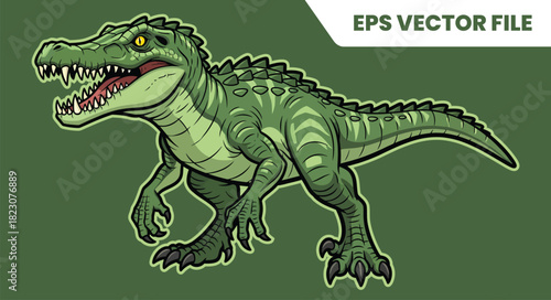 Fierce Green Dinosaur Illustration with Sharp Teeth and Claws.