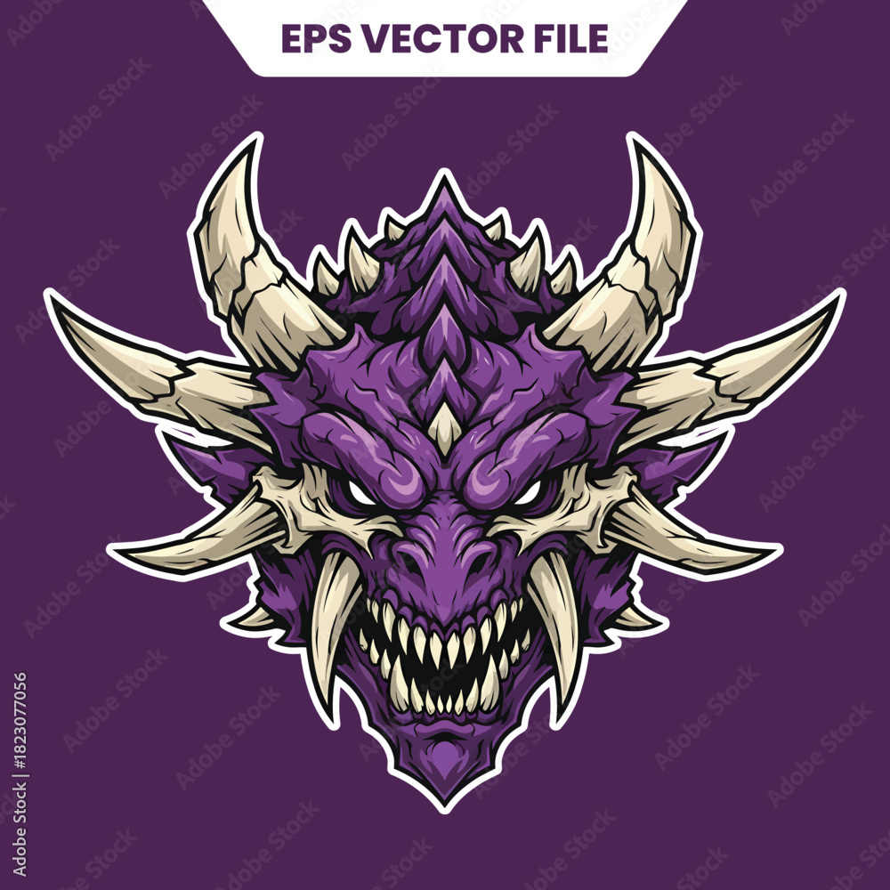 Fototapeta premium Fierce Purple Dragon Head with Sharp Teeth and Horns 1.