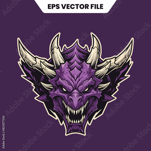 Fierce Purple Dragon Head with Sharp Teeth and Horns.