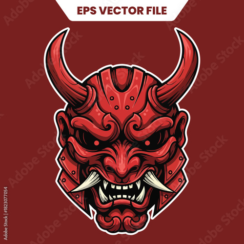 Fierce Red Japanese Oni Demon Mask Vector Illustration.