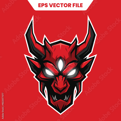 Fierce Red Oni Devil Head Mascot with Glowing Eyes.