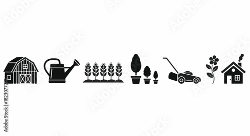 Black silhouettes depict farm/garden icons: barn, watering can, crops, potted plants, lawnmower, flower, and a house with smoke from chimney. Simple design.