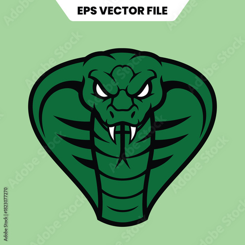 Green Cobra Head Mascot with Fangs and Intense Eyes.