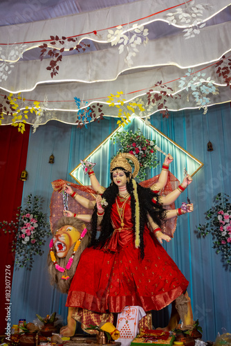 Beautifully Decorated Idol of Goddess Durga During Durga Puja Festival