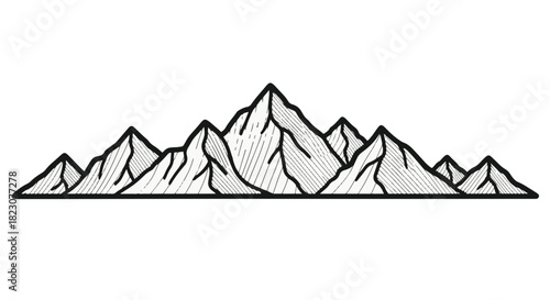 Line drawing of a mountain range. Peaks vary in height. Diagonal shading suggests texture. Bold outlines are visible against a white background.