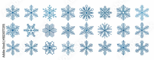 A collection of 24 different blue snowflake vector designs in rows against a white background. They vary in style and complexity.