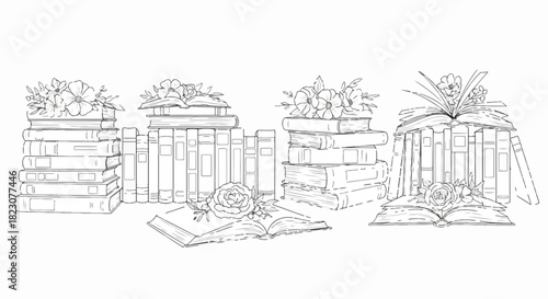 Line art illustration of stacked books and open books, adorned with floral arrangements. A clean, black and white design, suitable for coloring or educational use.