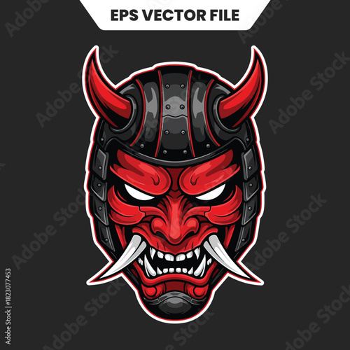 Japanese Oni Mask Samurai Warrior Demon Face Illustration.