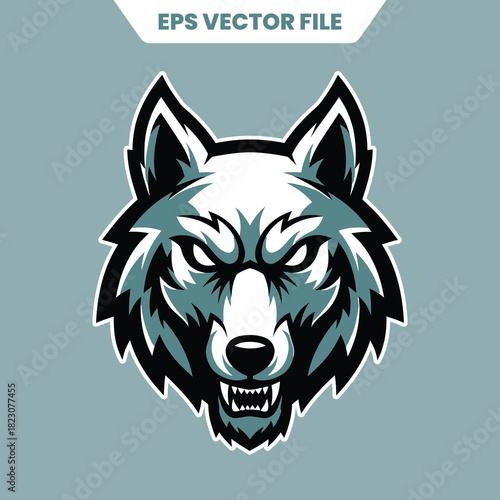 Intense Wolf Mascot Head with Sharp Features and Piercing Gaze.