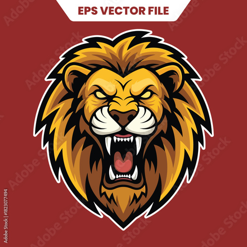 Majestic lion head illustration with fierce expression and detailed mane.