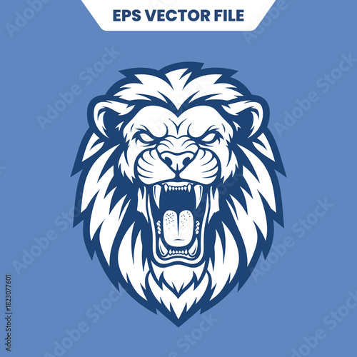 Roaring lion head illustration fierce expression powerful animal design.