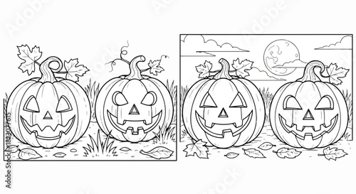 Two black and white Halloween coloring pages featuring carved pumpkins, leaves, and a full moon. Ideal for kids' activities and creative expression.