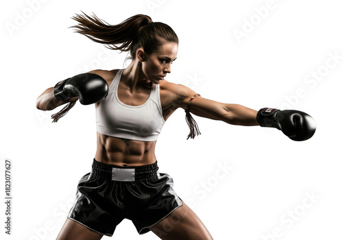 Woman boxer training punch isolated on transparent background