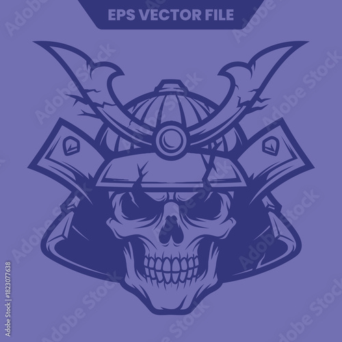 Samurai Skull with Helmet Vector Illustration in Monochrome Style.