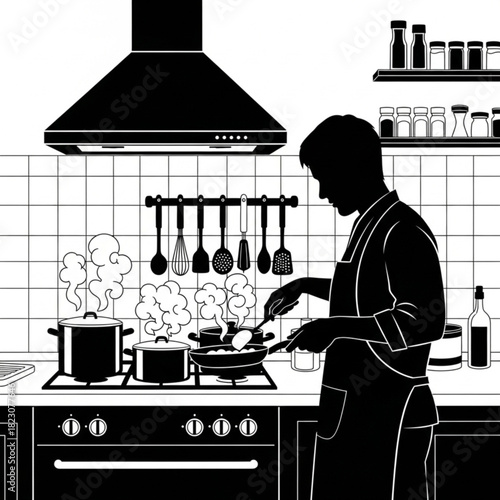 Silhouette of a man in an apron cooking on a stove.