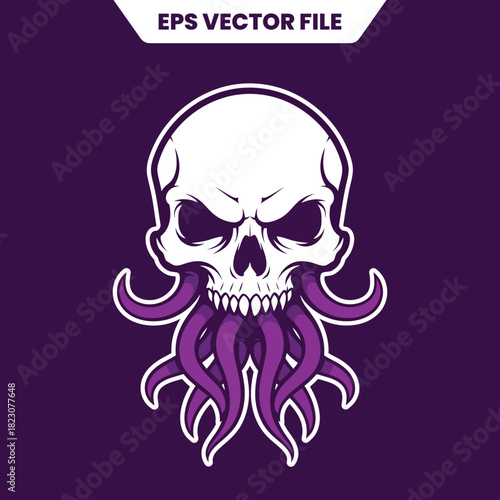 Skull with Octopus Tentacles Vector Illustration.
