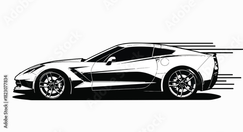 A black and white illustration of a Corvette sports car speeding from left to right, with motion lines emanating from the rear.