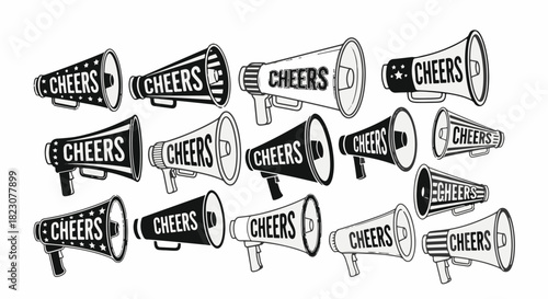 Collection of black and white graphic megaphone images, each displaying the word CHEERS in various styles and orientations.