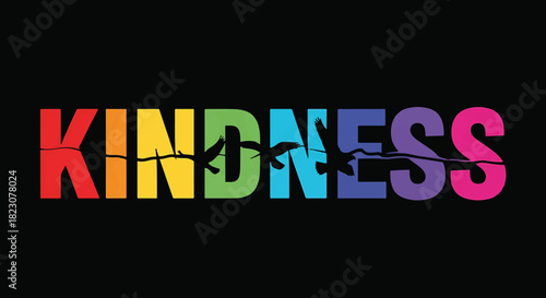 Kindness in bold rainbow letters over black background, with silhouettes of birds sitting on a branch that pierces across the word.