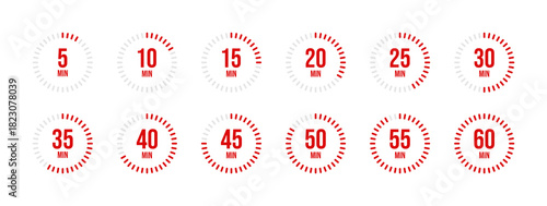 Set of red stopwatch timer icon illustration. Stopwatch Timer Icon Set 5, 10, 15, 20, 25, 30, 35, 40, 45, 50, 55, 60 minutes for Web App, Workout, and Time Management