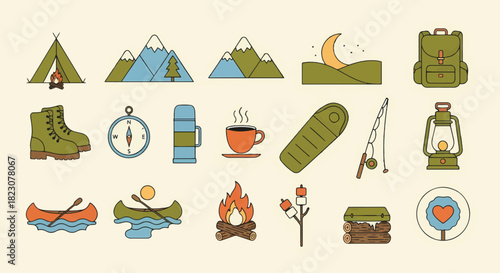 Camping themed illustration featuring icons of camping gear, nature, and campfire activities, rendered in a simple, colorful, and graphic style.