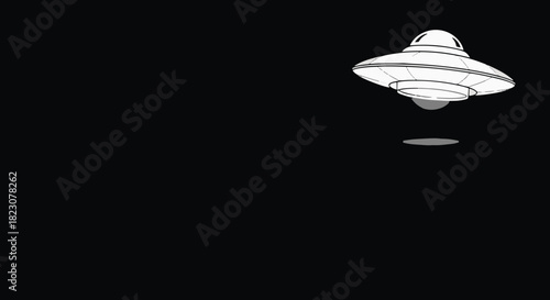 A white, cartoonish UFO hovers in the dark void. It emanates a slight glow, suggesting movement or presence.