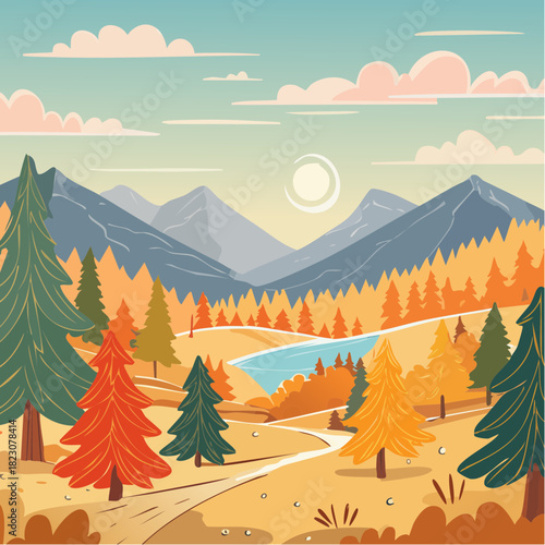 Autumnal Landscape with Mountains and Trees.