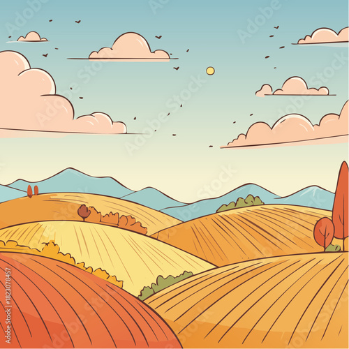 Autumnal Landscape with Rolling Hills and Cloudy Sky.