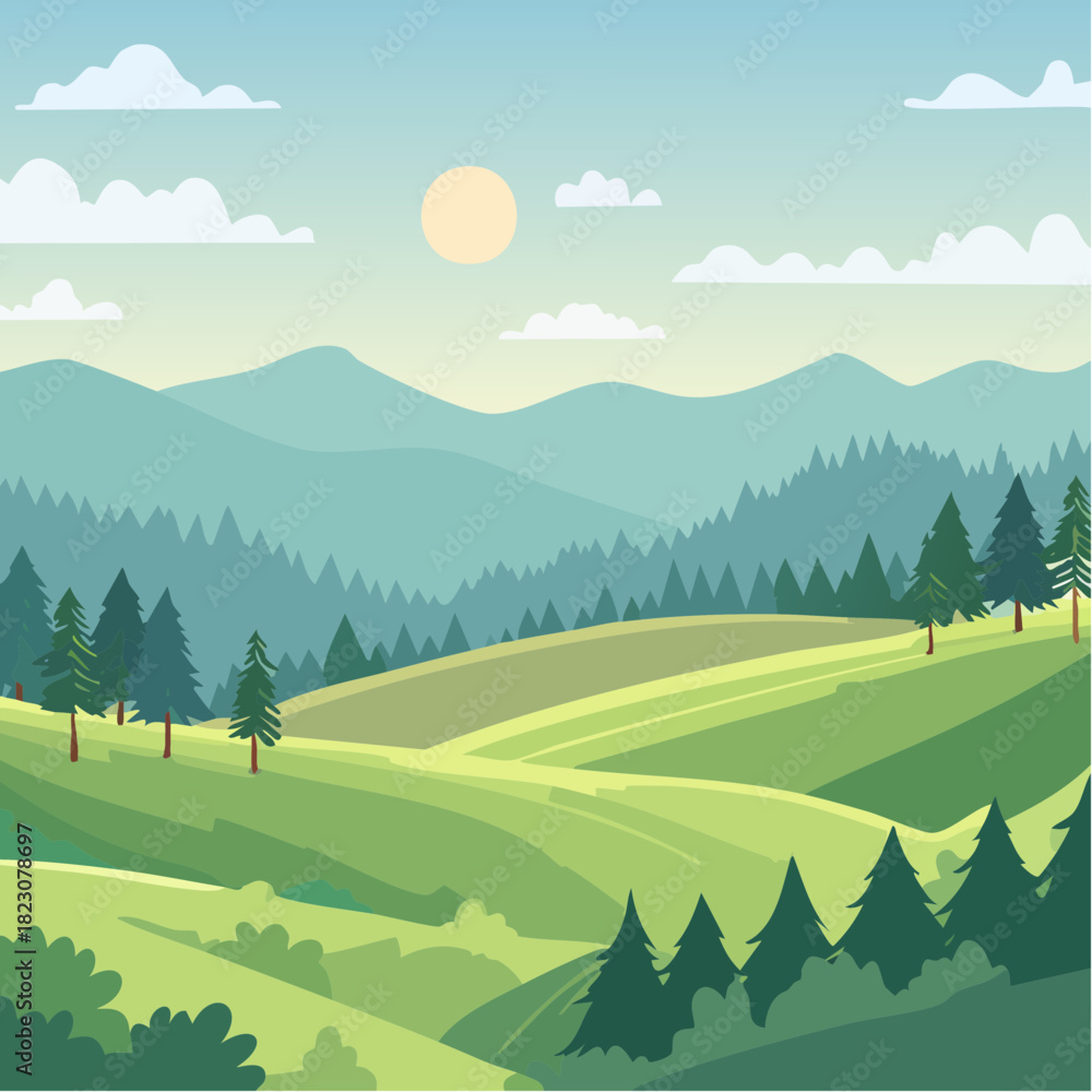 Fototapeta premium Lush Green Hills and Mountains Landscape Illustration.