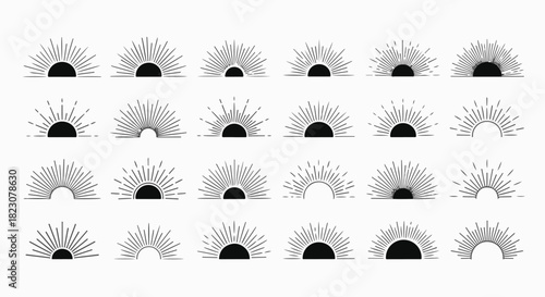 A collection of 24 black and white line art sunburst designs. The suns are partially visible, with rays emanating upwards in semi-circular patterns.