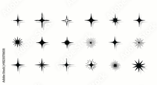 Various black starburst and star shapes in a grid-like arrangement on a white background. Some have shadows.