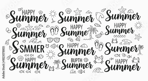 Text art featuring the word Summer repeated with doodles of summer-related items like sun, palm trees, seashells, flip-flops, and sea animals.