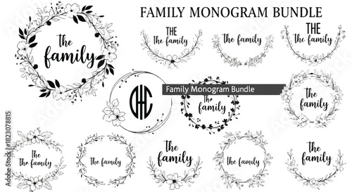 A collection of vector graphic designs featuring floral wreath borders with The family text and monogram circles for personalizing family-themed projects.